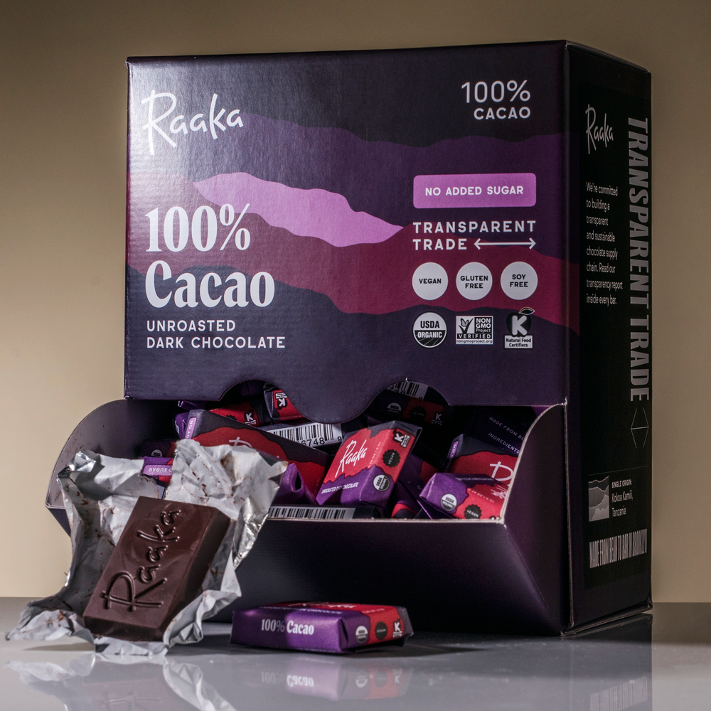 100% Cacao box of 100 minis with open mini in wrapper