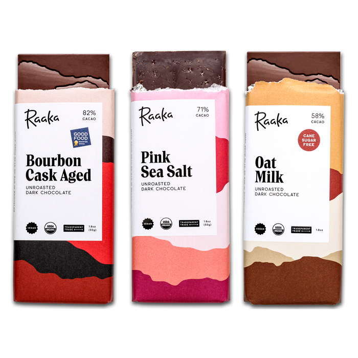 Best Sellers Bundle with Bourbon Cask Aged Pink Sea Salt Oat Milk - Raaka Chocolate