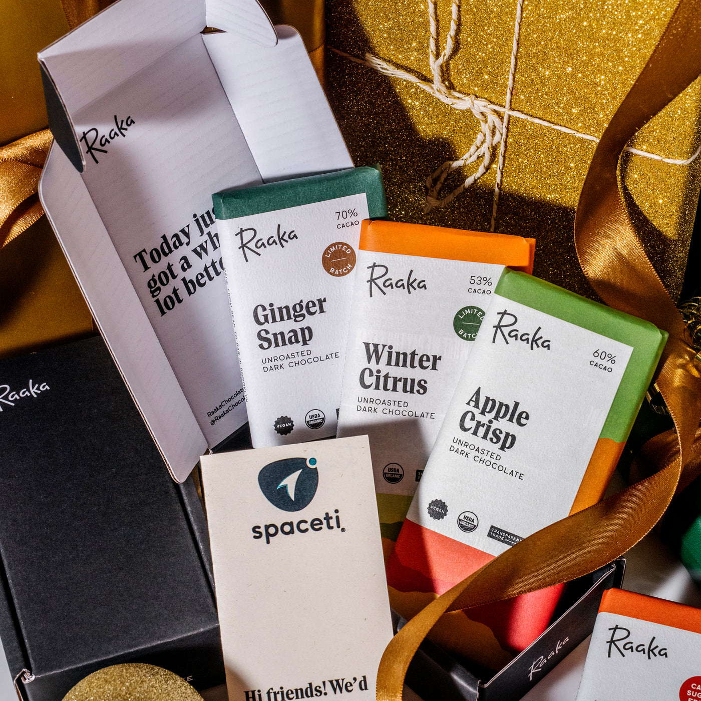 Three chocolate bars in a corporate gift box - ginger snap - winter citrus - apple crisp