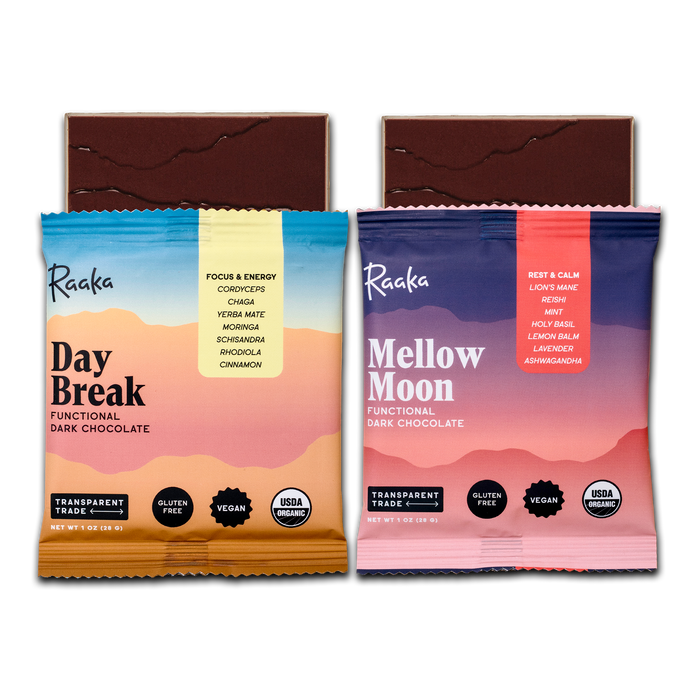 Functional Dark Chocolate Mixed Box of 10 Day Break and Mellow Moon bars - Raaka Chocolate