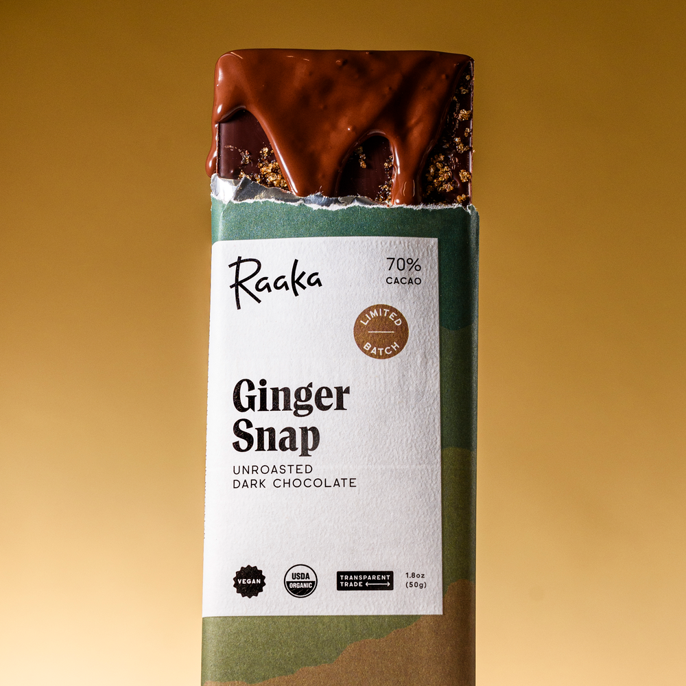 Raaka Chocolate Ginger Snap Bar with dripping chocolate