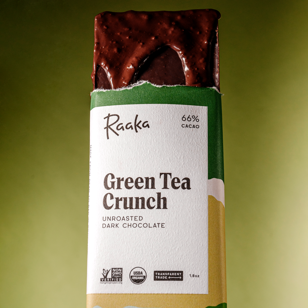 
                  
                    Green Tea Crunch with dripping chocolate - Raaka Chocolate
                  
                