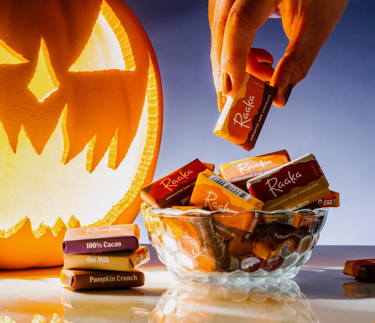 Mini chocolates in a bowl with jack-o-lantern