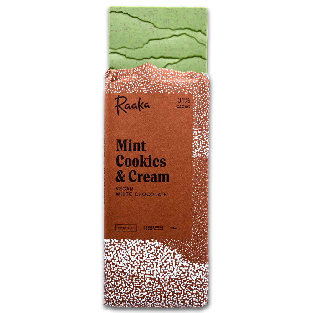 Mint Cookies & Cream bar, vegan white chocolate in packaging