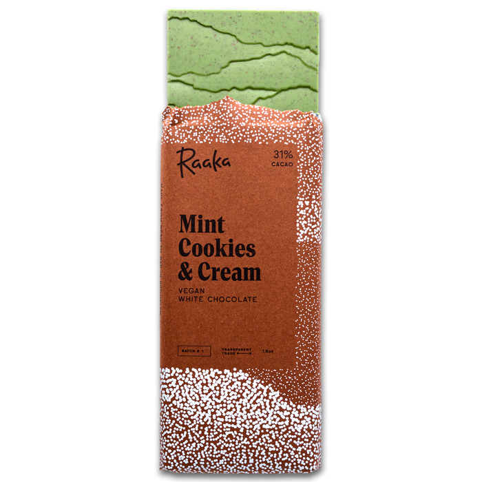 Mint Cookies & Cream bar, vegan white chocolate in packaging