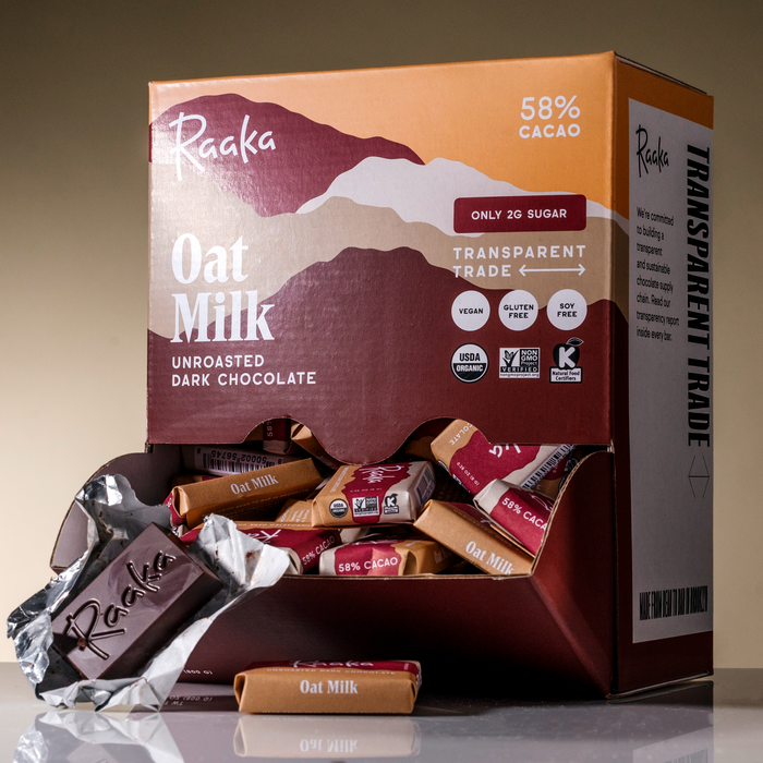 Oat Milk Minis (Box of 100) with open mini - Raaka Chocolate