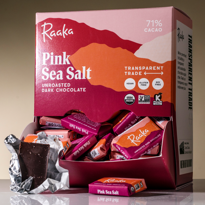 Pink Sea Salt Minis (Box of 100) with open mini - Raaka Chocolate