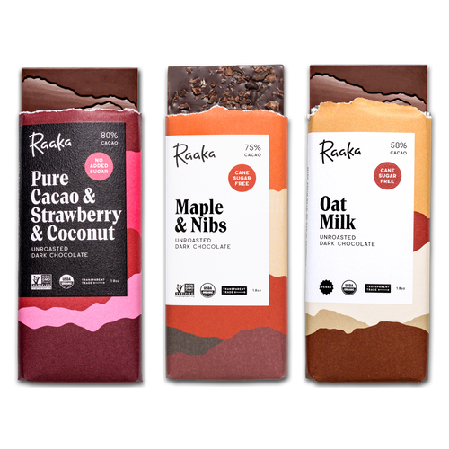 Pure Cacao Strawberry Coconut, Maple and Nibs, Oat Milk - Refined Sugar Free Bundle - Raaka Chocolate