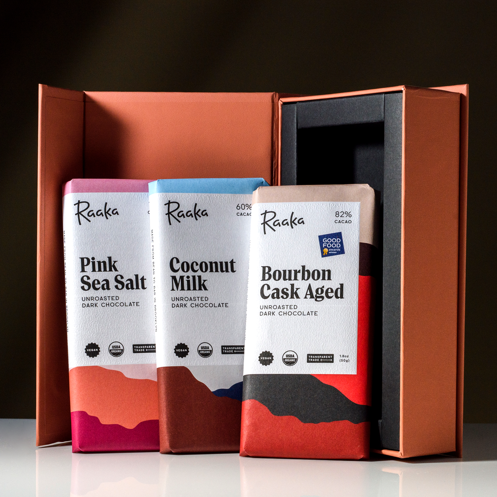 3 Bar Gift Box with Pink Sea Salt Coconut Milk Bourbon Cask Aged - Raaka Chocolate