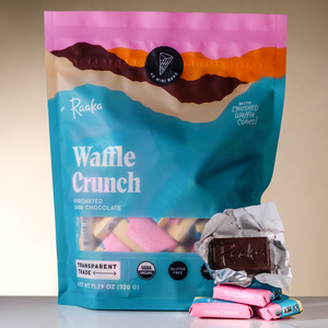 
                  
                    Waffle Crunch Minis Bag  with open wrapper minis - Raaka Chocolate
                  
                