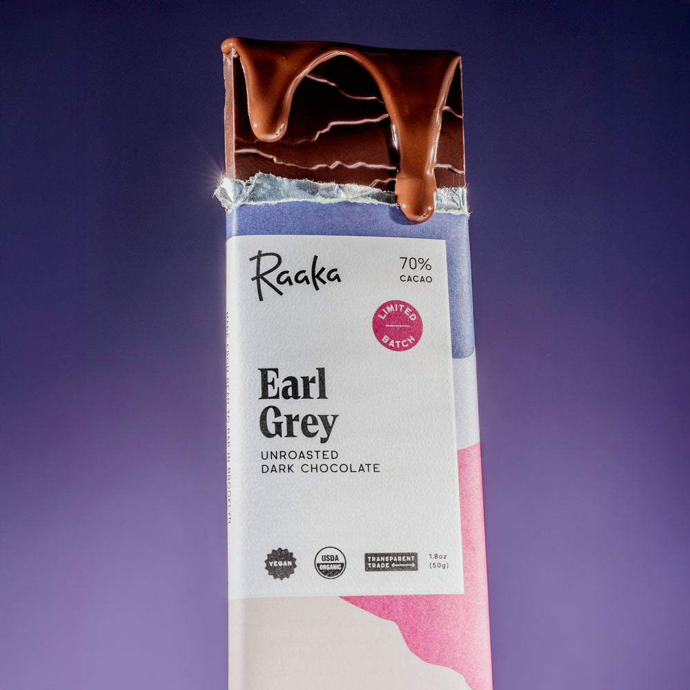 Earl Grey Dark Chocolate in wrapper with melty chocolate